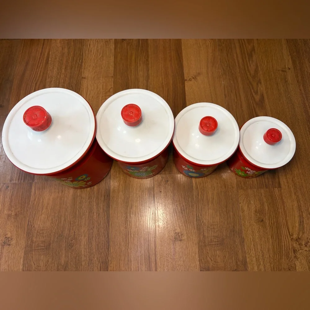 Vintage Kromex Orange Aluminum Canister Set 4 Pc Retro Mod Flower Power MCM
